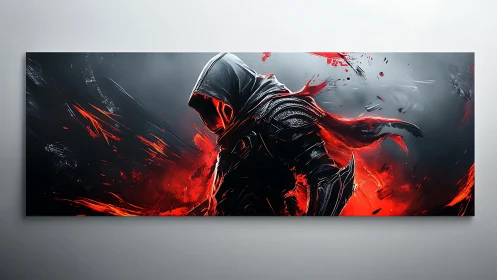 Hooded armored warrior in red and black energy storm.