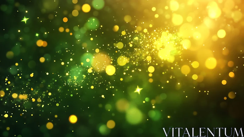 Green and yellow bokeh light particles on dark gradient field.