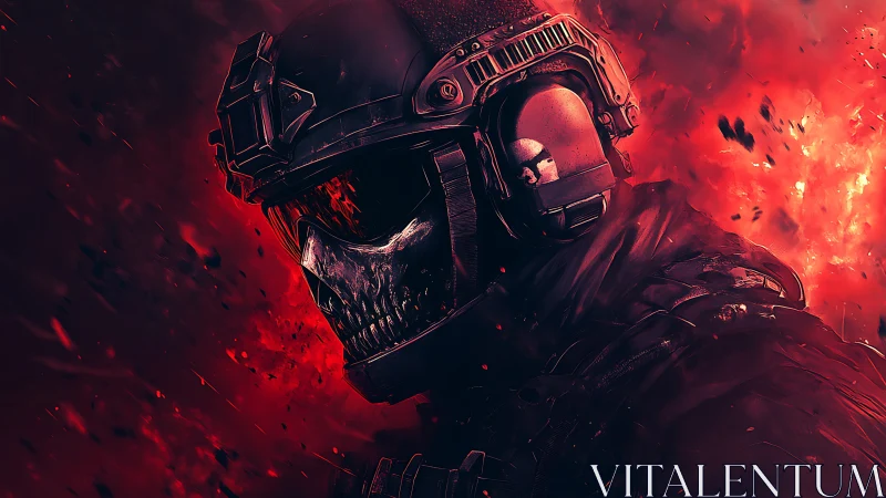 Armored skull-faced soldier advances through burning crimson haze
