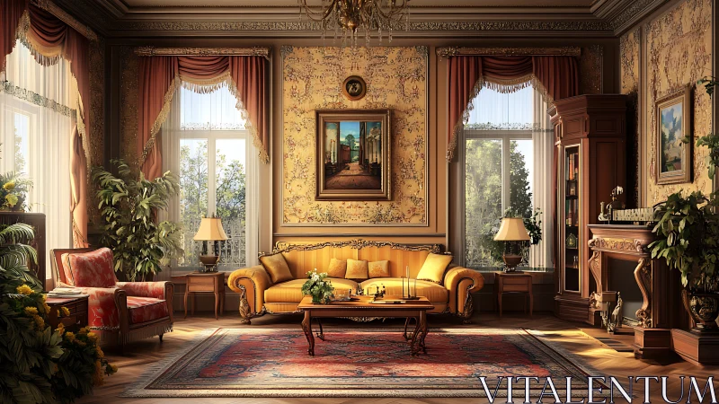Opulent classic salon with golden sofa and warm daylight glow.