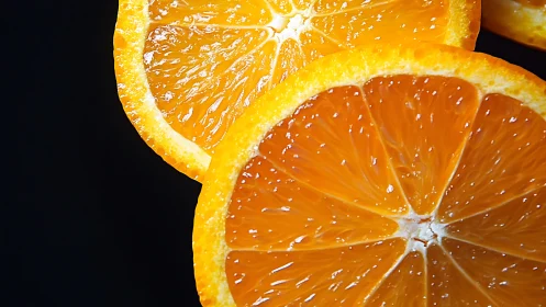 Vibrant orange slices glow against a deep black backdrop.