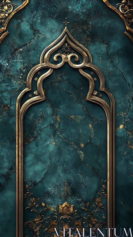 Ornate teal marble panel holds gilded archway ornament