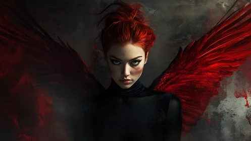 Red winged female figure against dark textured backdrop.