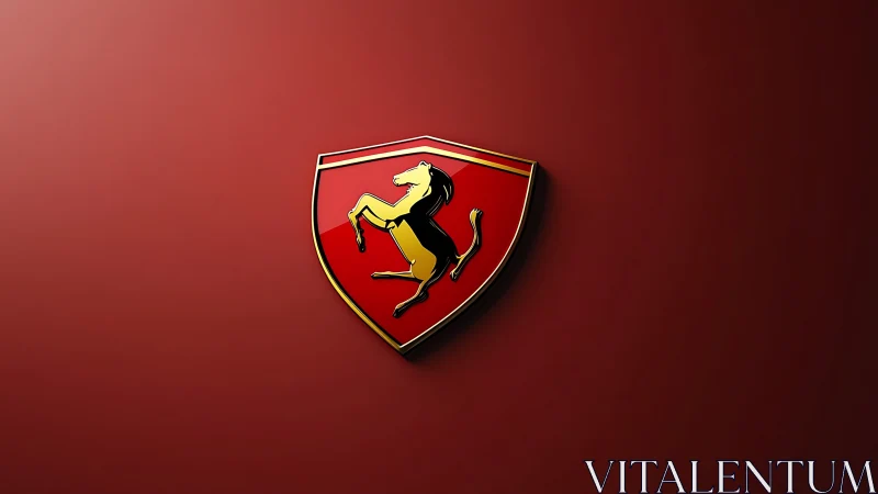 Prancing horse emblem gleaming on deep racing red field.