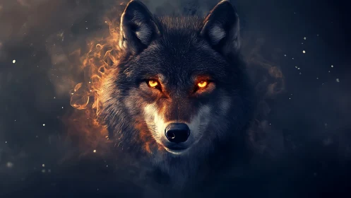 Wolf head with glowing orange eyes emerges from dark smoke