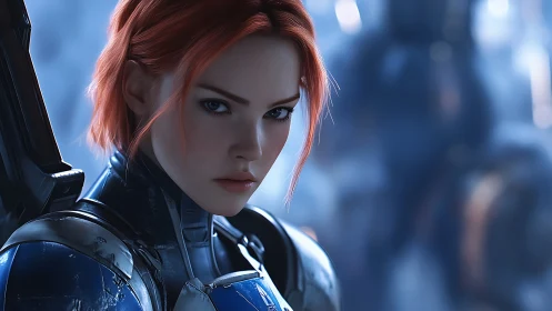 Red haired armored soldier stares forward in cold blue light