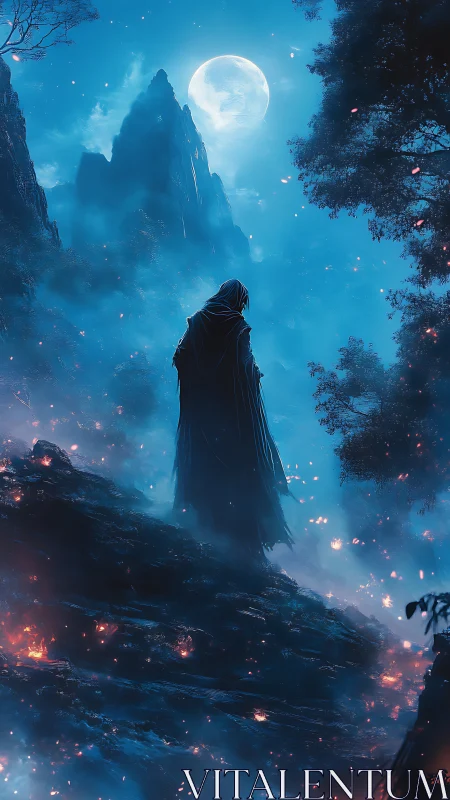 Lone cloaked wanderer ascends a moonlit, emberlit mountainside