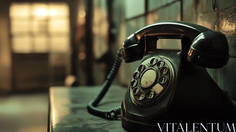 Vintage rotary desk telephone in shallow depth warm interior