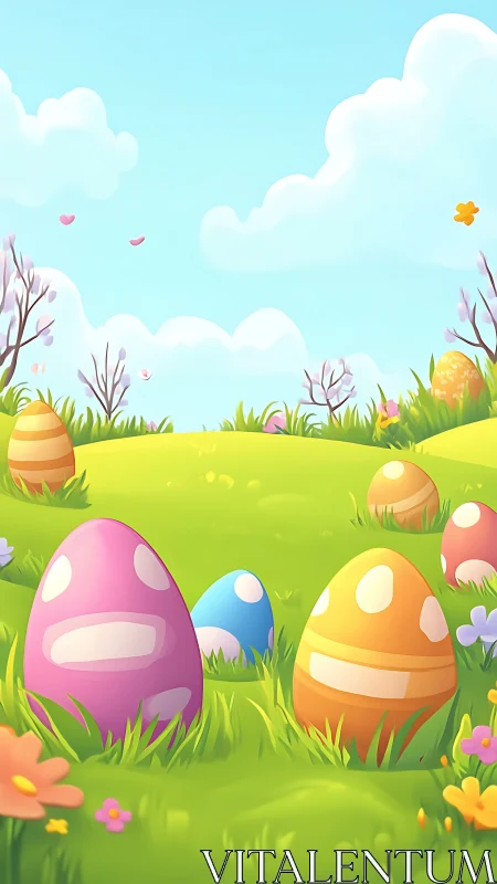 Pastel meadow of secretive Easter eggs under playful skies.