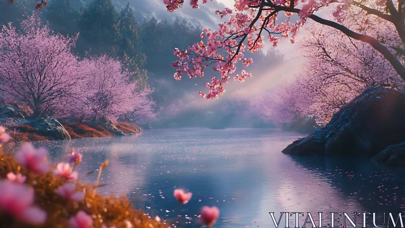 Petal-laden river hushes the dawn with soft pastel light