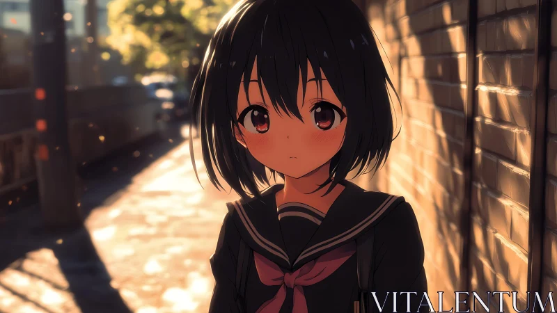 Sunlit schoolgirl portrait in narrow golden alleyway.