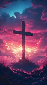 Lone wooden cross under vivid neon sunset sky.