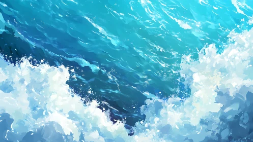 Dynamic digital painting of crashing turquoise ocean waves.
