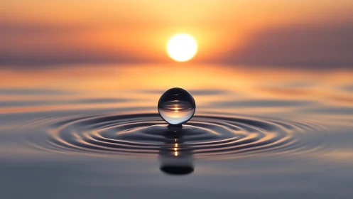 Single liquid sphere rests on rippled water under sunset light