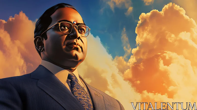 Portrait of dignified leader under radiant sunset sky.