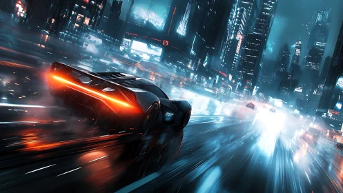 Neon hypercar slices through rain-soaked cyberpunk avenue.