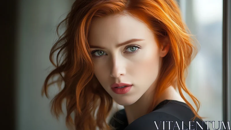 Portrait of red haired woman near window in soft daylight.