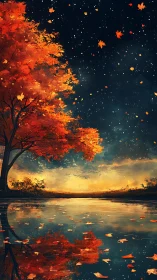 Autumn tree reflects in calm lake under dense starry sky