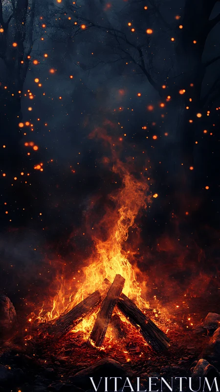 Bonfire flames dance against dark night sky with floating embers.
