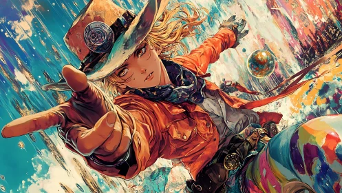 Dynamic cowgirl figure in vivid abstract environment.