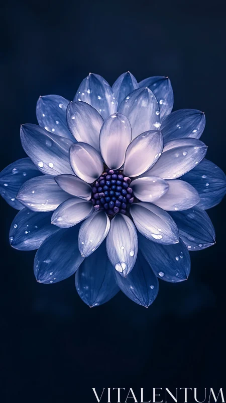 Blue Dahlia with Dewdrops Against Dark Background.