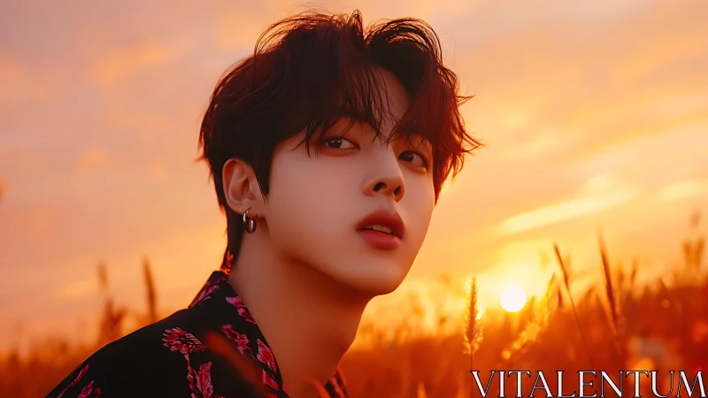 Sunset gaze in golden fields with gentle, dreamy warmth.