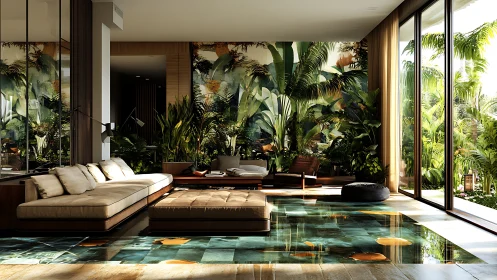 Sunlit jungle lounge glides over shimmering glass water floor