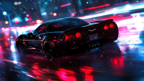 Sleek black sports coupé accelerates through neon rain corridor