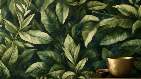 Golden bowls eavesdrop quietly on the whispering jungle wall