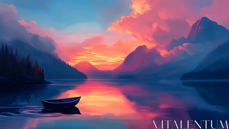 Gentle lake sunset cradling a quiet boat and soft peaks.