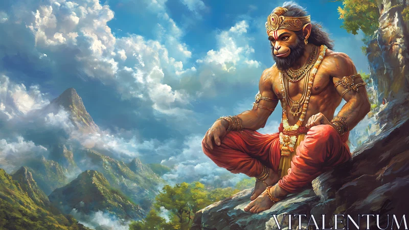 Simian-headed mythic figure seated on cliff in mountains.