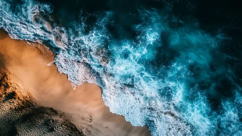 Aerial ocean surf slams bright sandy shoreline in motion