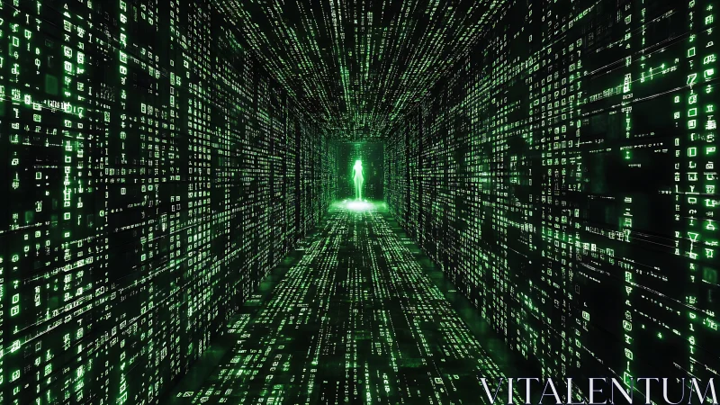 Neon code corridor stretches toward a lone digital wanderer