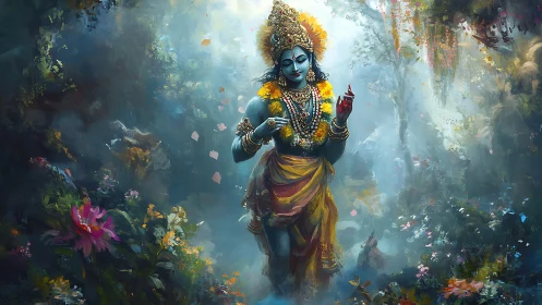 Floral-crowned deity strolls through misty forest of light