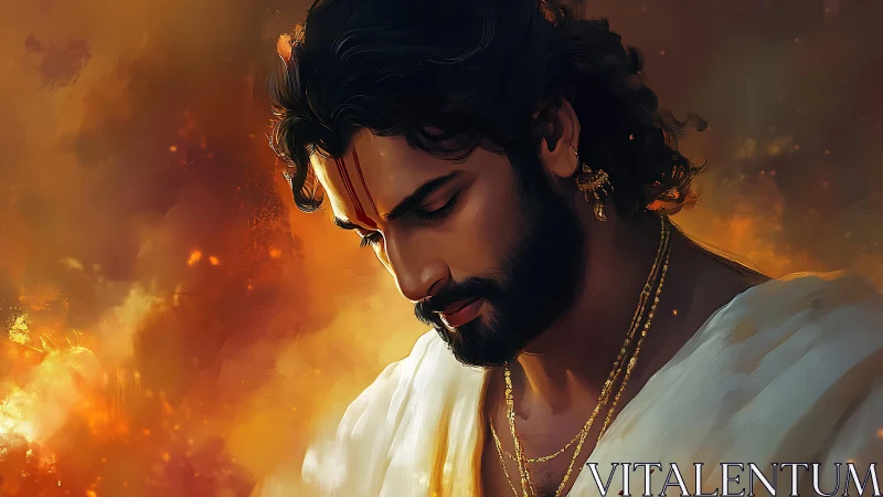 Male figure in traditional attire against diffuse warm glow.