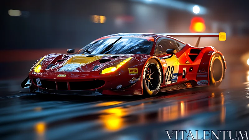 Night race hypercar slicing through rain-soaked circuit.