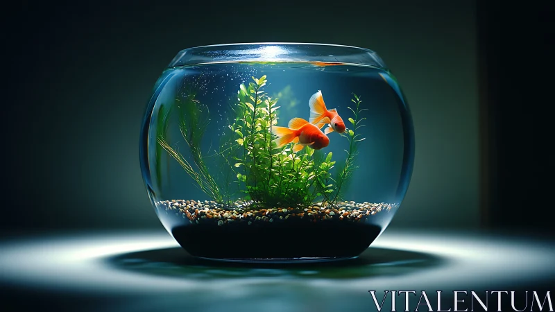 Illuminated glass fishbowl with goldfish and aquatic plants