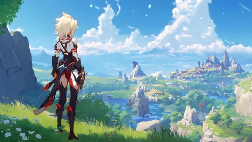 Armored adventurer surveying bright fantasy valley.