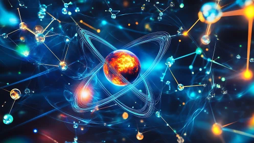 Abstract atomic model with orbiting particles and energy field.
