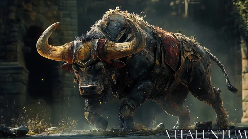 Armored ruin-minotaur stalks through crumbling citadel dusk.