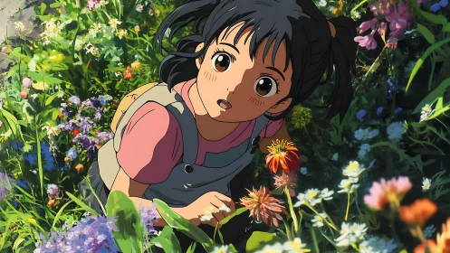 Curious girl in wildflower meadow under warm directional light.