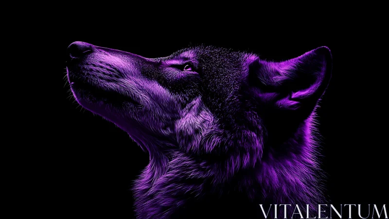 Luminous purple wolf profile gazes upward in deep shadow.
