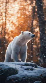 Polar bear on snowy outcrop in warm backlit forest snowfall