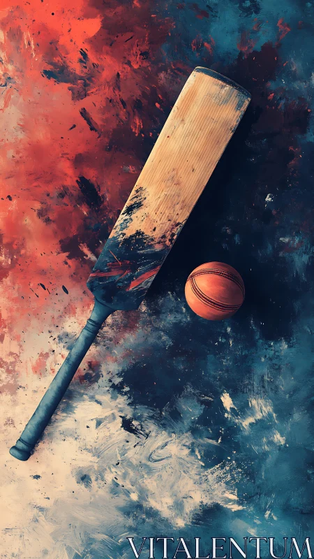 Cricket bat and ball drift through a storm of painted clouds