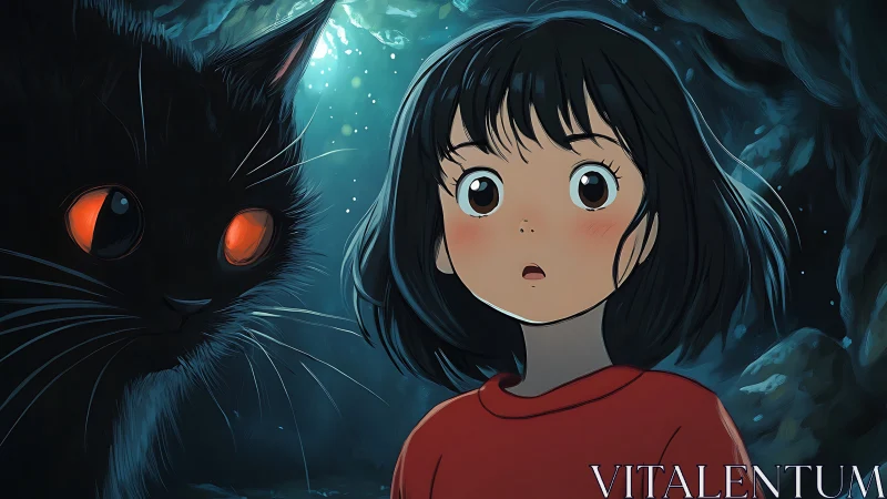 Girl and glowing-eyed cat share a mysterious cavern moment.