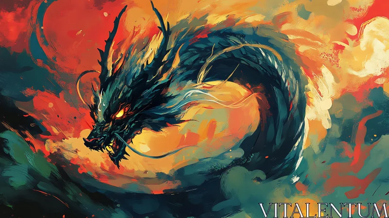 Elemental serpentine dragon swirling through molten sky.