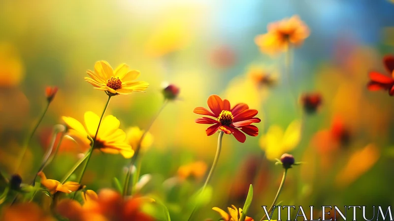 Sunlit wildflowers dance in dreamy painterly meadow glow.