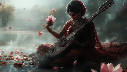 Lotus-laden veena virtuoso in misted riparian ambience.