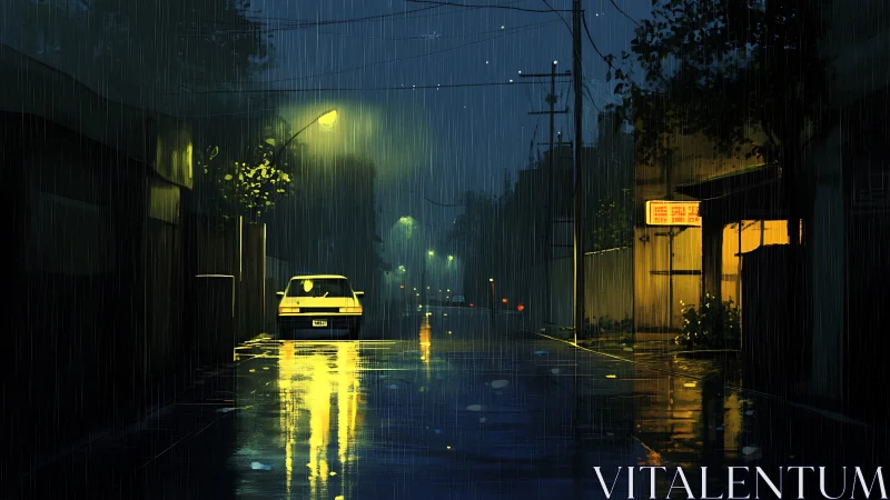 Nocturnal rain-soaked street rendered in cinematic digital painting