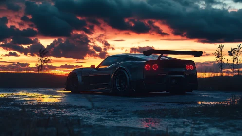 Sleek black sports car idles beneath a blazing sunset sky.